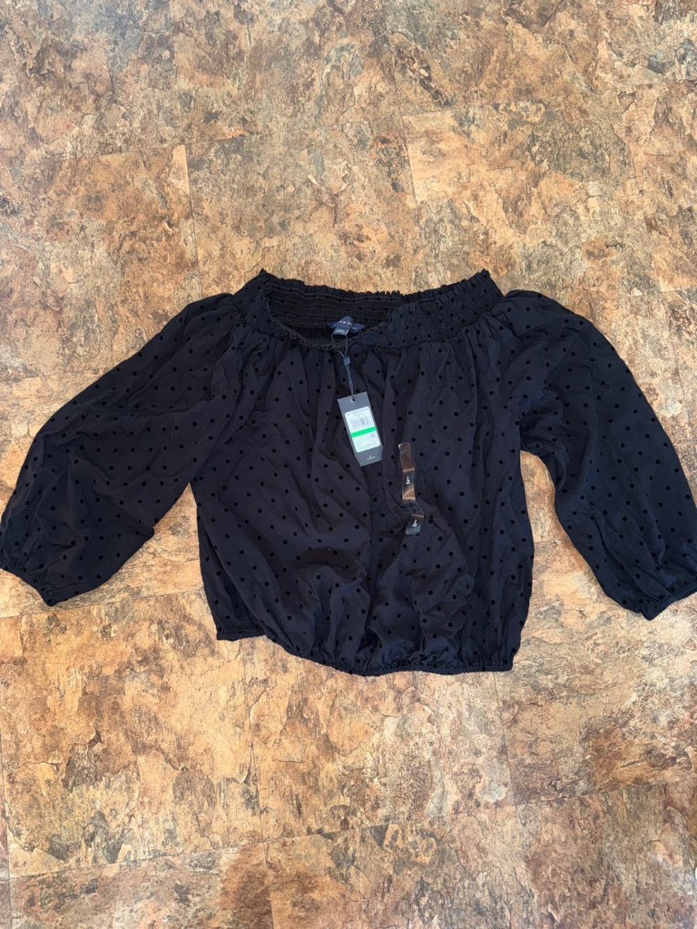 Black Off-Shoulder Smocked Dot Blouse